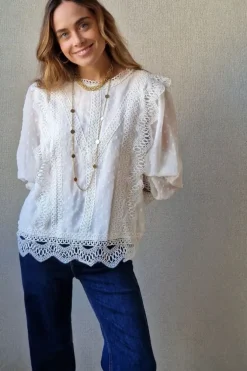 Blusa blanca de plumeti con puntilla
