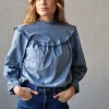 Blusa con volante en el cuello y mangas azul jean