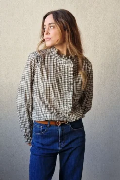 Blusa cuadros con volantes verde