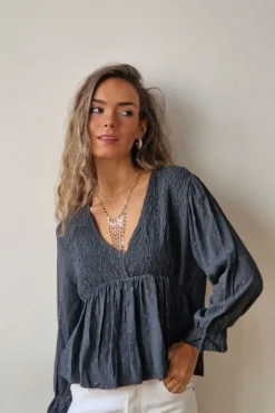 Blusa cuello pico con detalles lurex gris