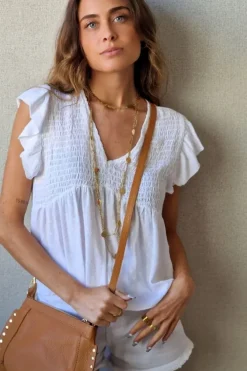 Blusa cuello pico con detalles lurex blanca