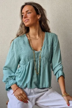 Blusa cuello pico con detalles lurex verde