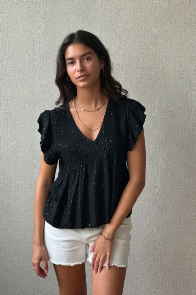 Blusa cuello pico con detalles lurex negra