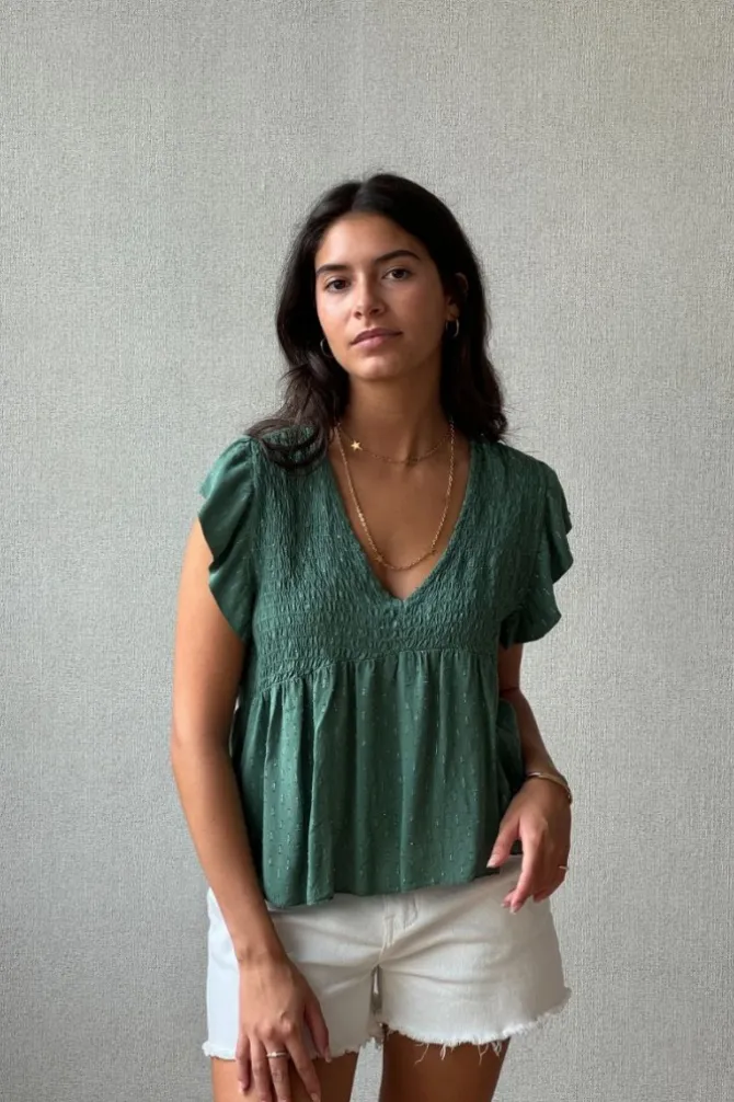 Blusa cuello pico con detalles lurex verde