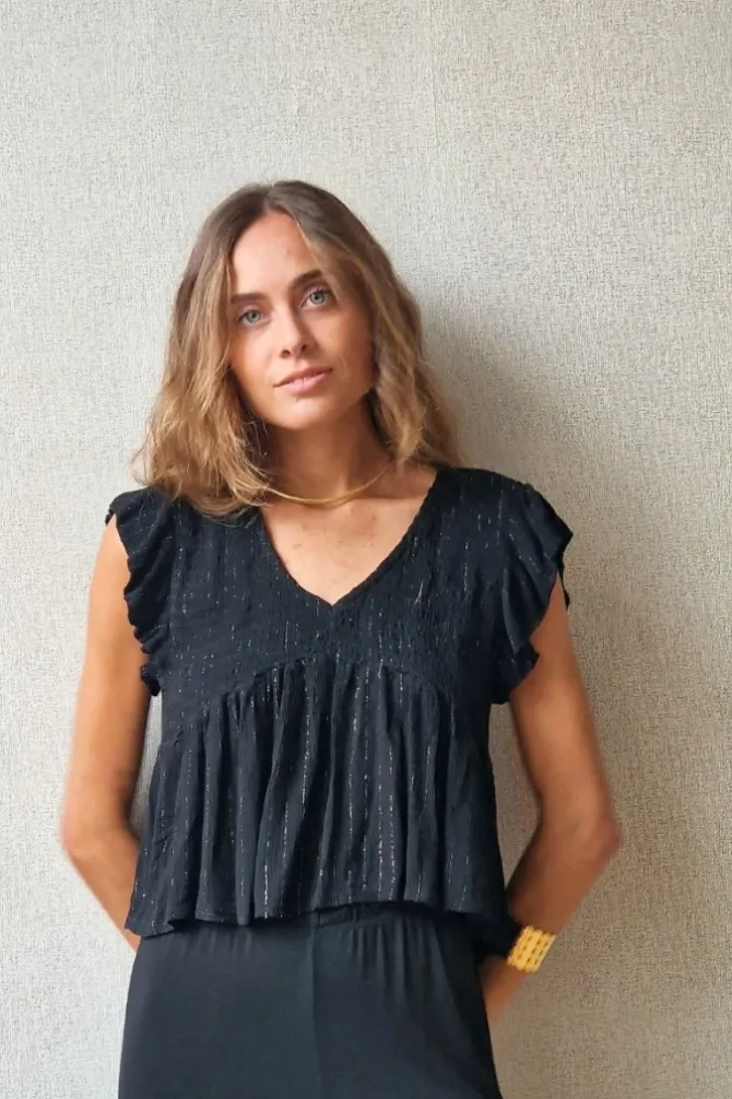 Blusa cuello pico con detalles lurex negra