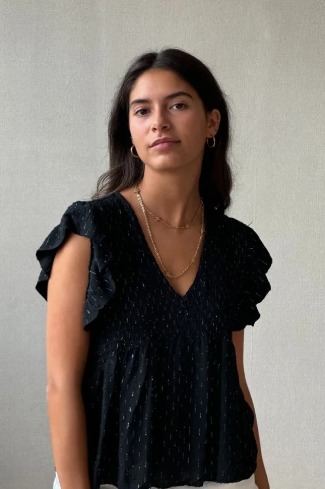 Blusa cuello pico con detalles lurex negra
