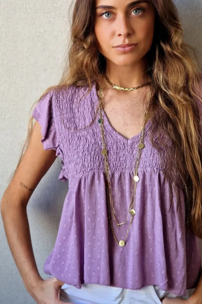Blusa cuello pico con detalles lurex lila
