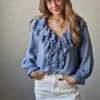 Blusa cuello pico con volantes azul jean