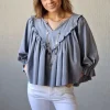 Blusa cuello pico con vuelo gris
