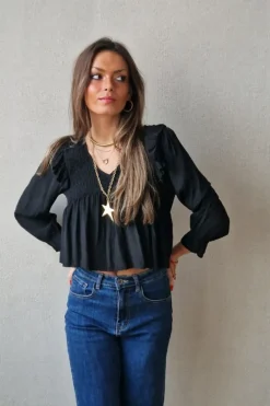 Blusa cuello pico fruncida negra
