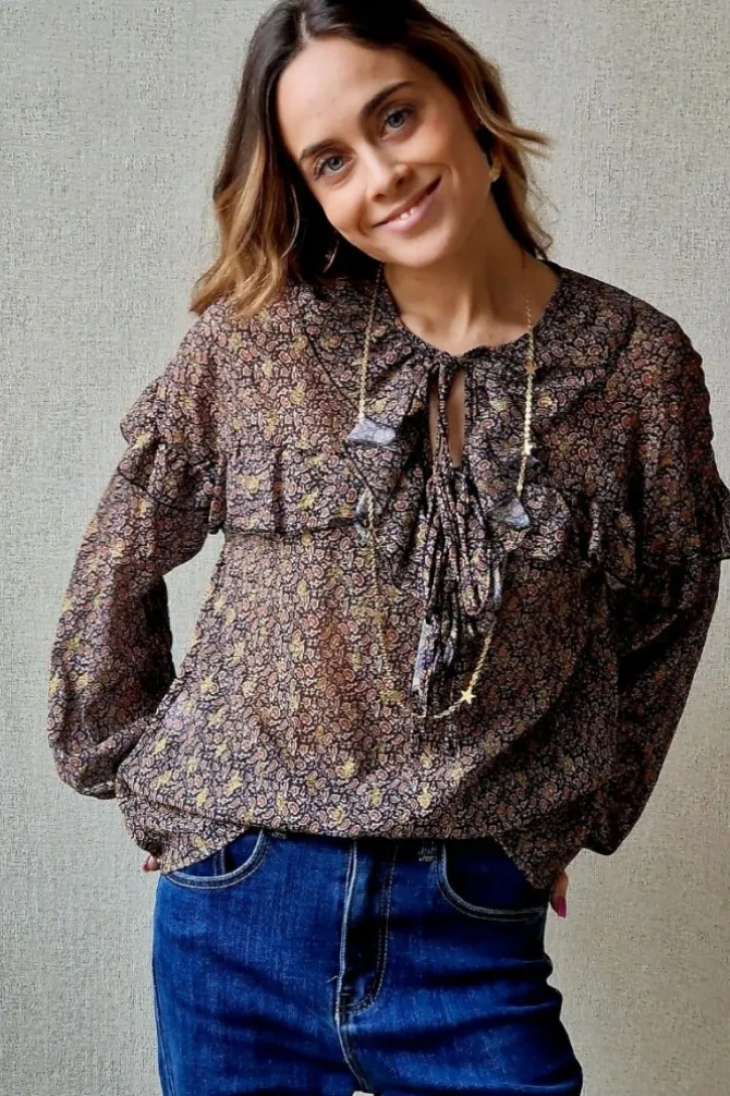 Blusa tipo gasa de flores negra