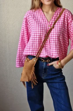 Blusa vichy con botones fucsia
