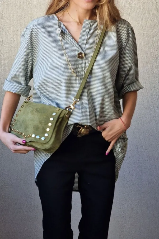 Blusa vichy cuello Mao verde