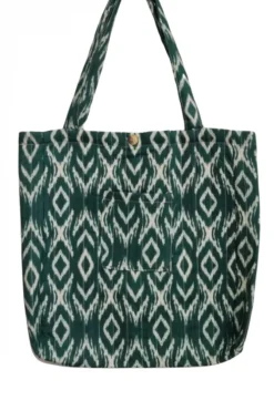 Bolso de tela estampada ikat verde botella con opción de personalizarlo