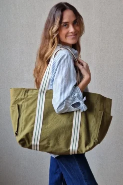 Bolso loneta verde militar con asas crudas