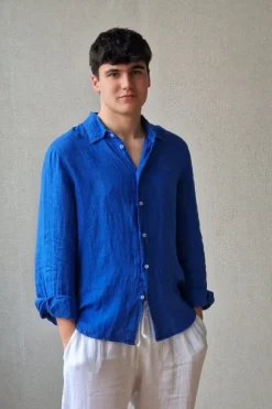 Camisa de lino hombre azulón
