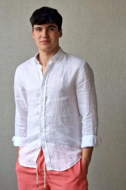Camisa de lino hombre cuello americano blanca
