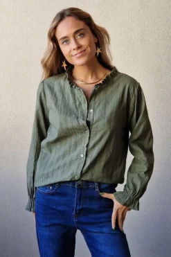 Camisa de rayas lurex plateadas verde militar