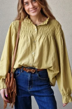 Camisa fruncida lurex mostaza