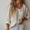 Camisa oversize tipo lino con manga tres cuartos beige