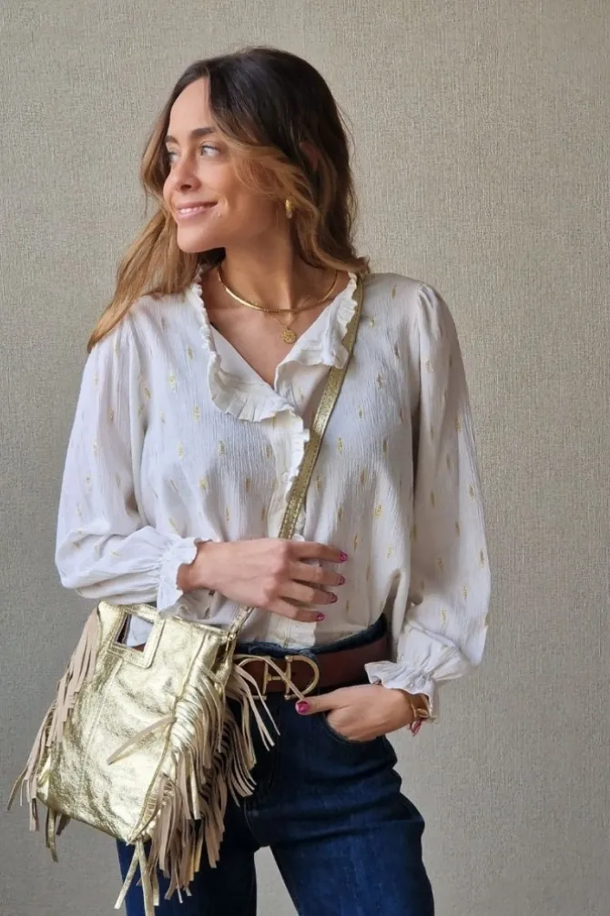 Camisa tipo bambula con detalles dorados blanca