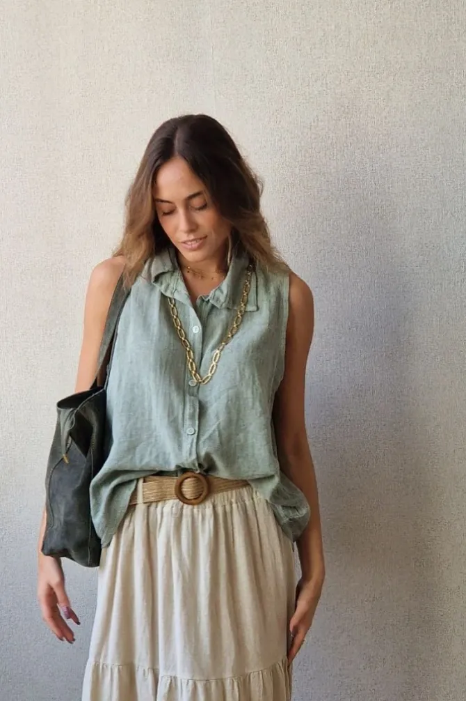 Camisa tipo lino sin mangas verde militar