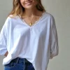 Camiseta blanca de cuello pico con puntilla