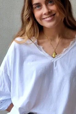 Camiseta blanca de cuello pico con puntilla