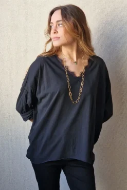 Camiseta manga larga cuello pico con puntilla negra