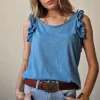 Camiseta tirantes volante manga azul jean
