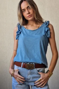 Camiseta tirantes volante manga azul jean