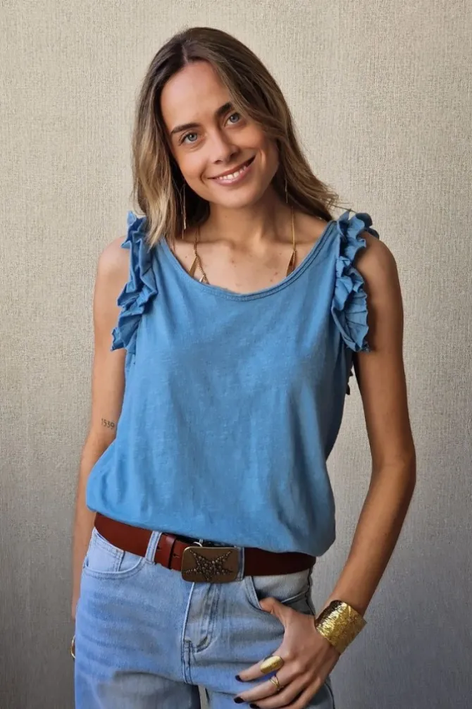 Camiseta tirantes volante manga azul jean