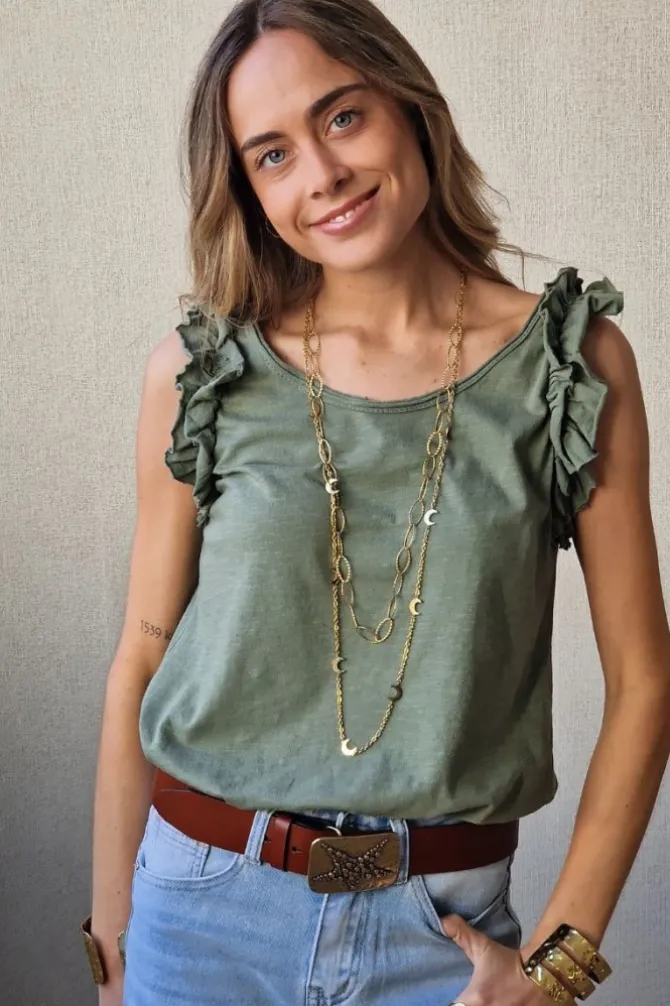 Camiseta tirantes volante manga verde militar
