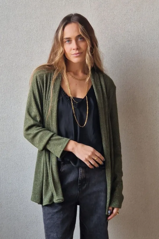 Chaqueta de punto de canalé con brillos verde militar