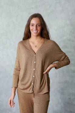 Chaqueta de punto fino con lurex camel