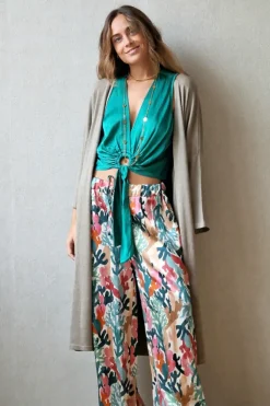 Chaqueta oversize larga de mujer con manga francesa topo