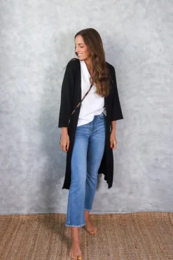 Chaqueta oversize larga de mujer con manga francesa negra
