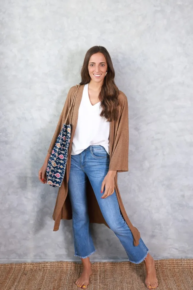 Chaqueta oversize larga de mujer con manga francesa camel
