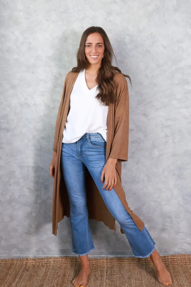 Chaqueta oversize larga de mujer con manga francesa camel