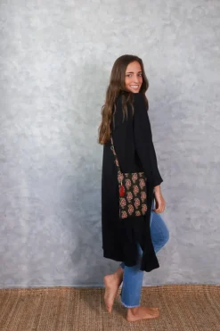 Chaqueta oversize larga de mujer con manga francesa negra