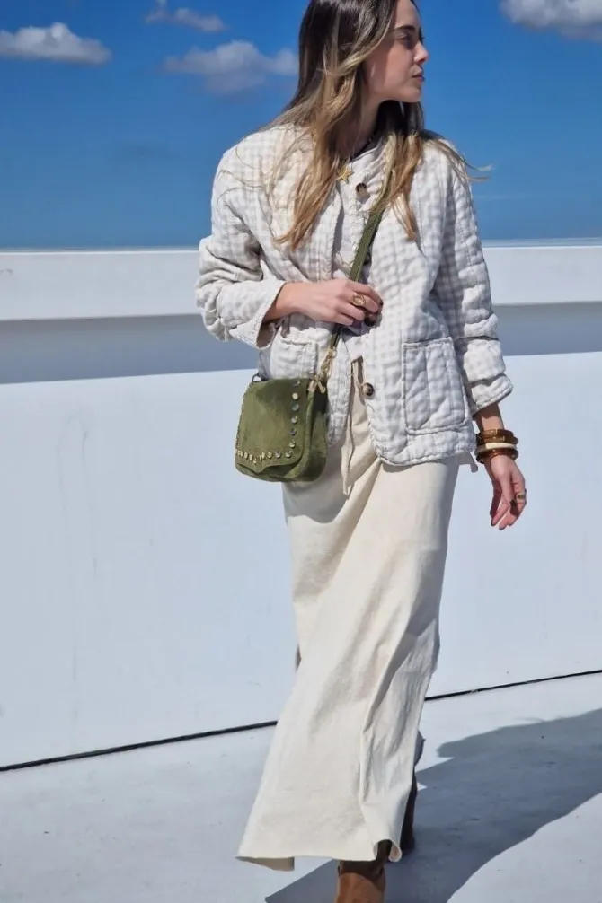 Chaqueta vichy con botones beige