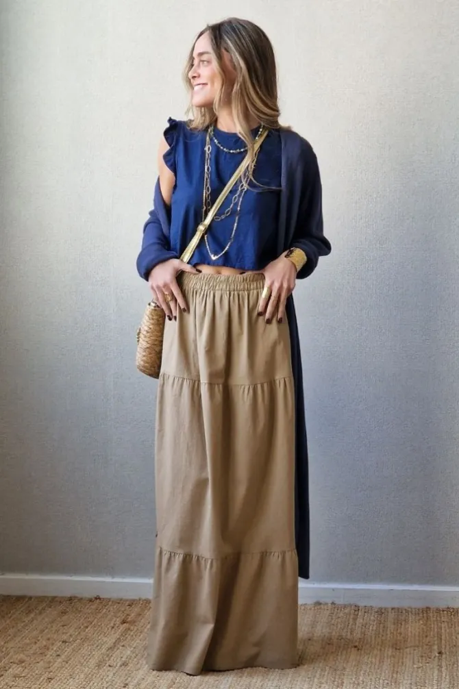 Falda larga de lino volantes camel
