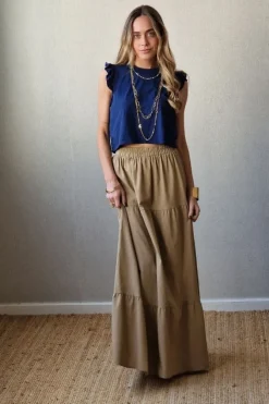 Falda larga de lino volantes camel