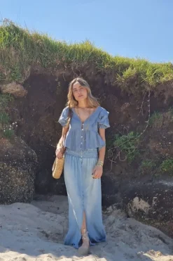 Falda larga denim azul claro