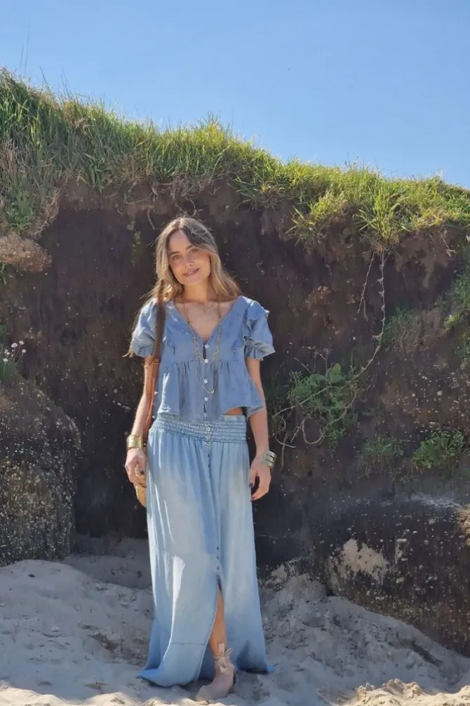 Falda larga denim azul claro