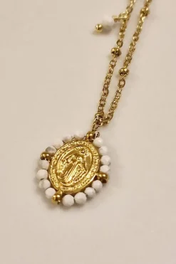 Gargantilla mini de acero con medallita de la Milagrosa y piedras blancas