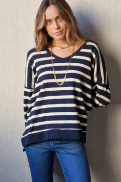 Jersey brillos cuello pico azul marino