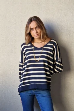 Jersey brillos cuello pico azul marino
