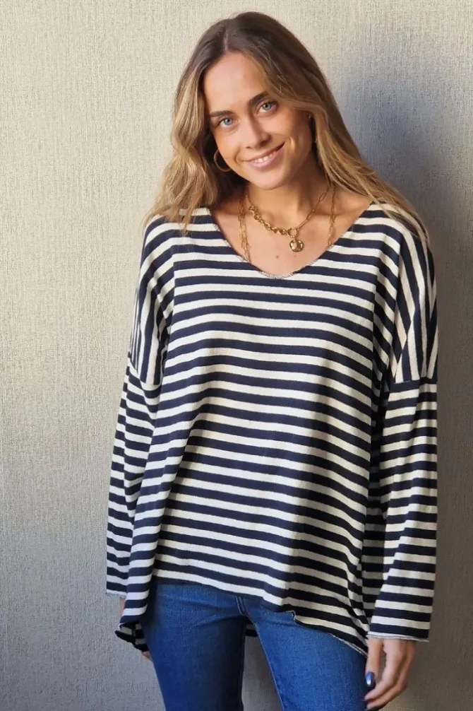 Jersey de rayas fino blanco y azul marino