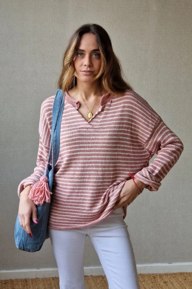 Jersey de rayas punto frío rosa